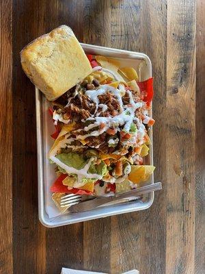 Pulled pork nacho and cornbread