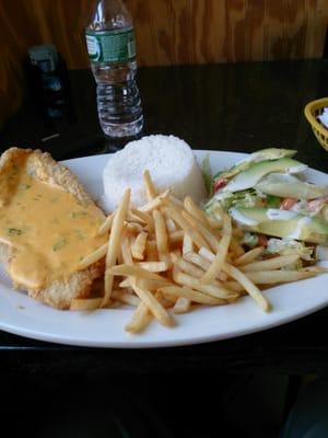 Breaded fish w/ garlic sauce, salad rice and fries