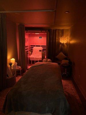 One of their gorgeous Massage rooms that includes infrared and red light therapy