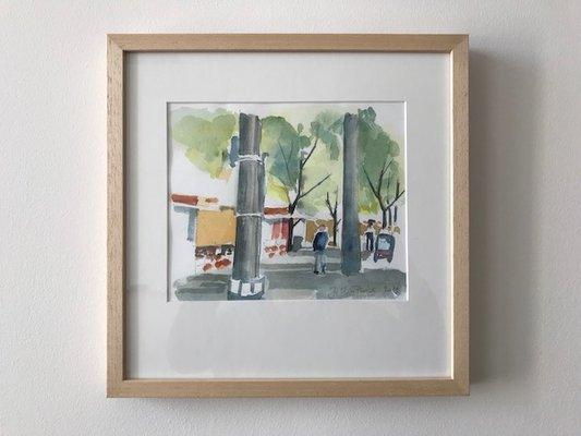 On display in Ursina Teuscher's office: watercolor of Portland Foodcarts on SW 5th and Washington, by Jean Wuethrich