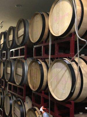 Red wine barrels at the wine tasting room.