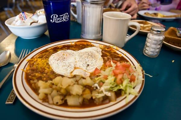 From a few years ago, Huevos Rancheros with red chile