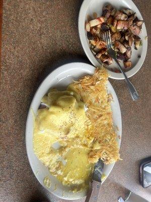 Eggs Benedict, country fried potatoes