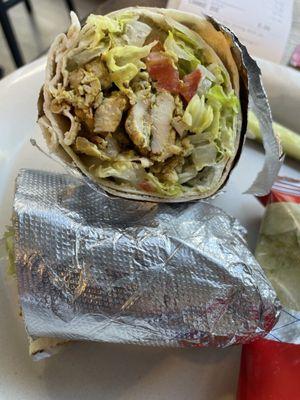 Chicken "schwarma" wrap with charged-for garlic sauce (can you see it?).