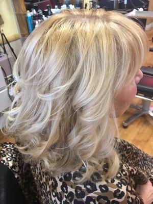 My blonde Bombshell highlighted glaze cut and style