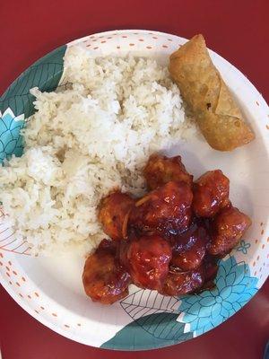 Orange chicken, white rice and pork egg roll