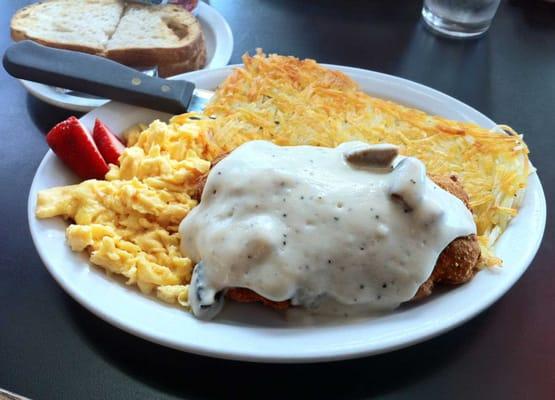 Really nice chicken fried steak, hash browns & eggs