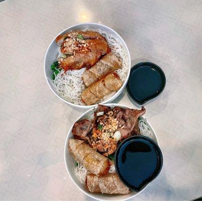 Vermicelli Noodle Bowl with Five Spice Chicken & Imperial Rolls; Vermicelli Noodle Bowl with Grilled Pork and Imperial Rolls.