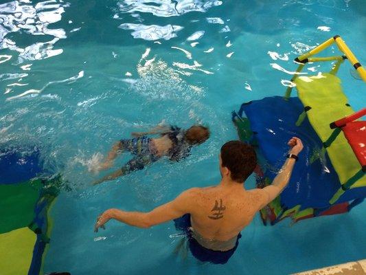 Private Instruction w Coach Pat. My son swimming on his own fro the first time!