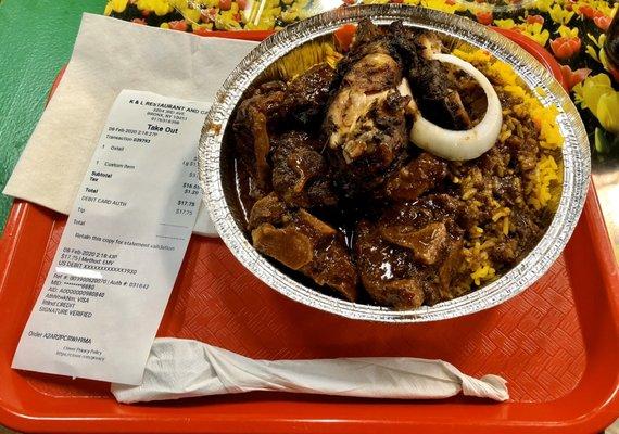 $17.75 for a large yellow rice with Oxtails and 2 pieces of Jerk Chicken