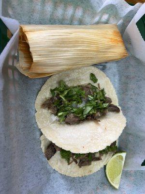 Lengua tacos and pork tamale