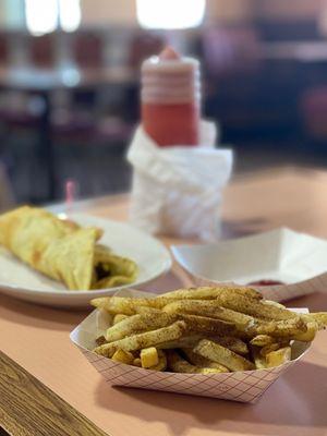 Masala fries and hunter beef wrap