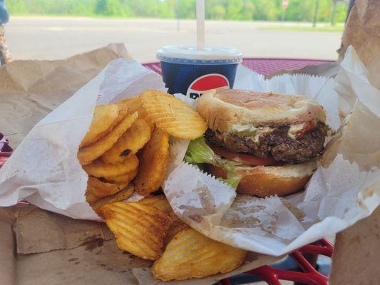 Yum! Beef burger and homestyle fries with a malt