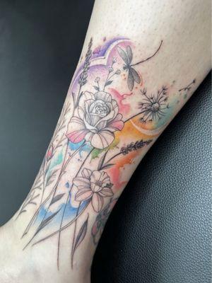 Tattoo flowers dragonfly fine line watercolor