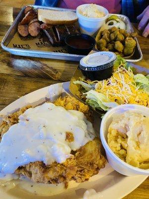 Chicken Fried Chicken and the 2-meat barbecue plate! Delicious food and wonderful service! Great fried jalapeños and sweet iced!