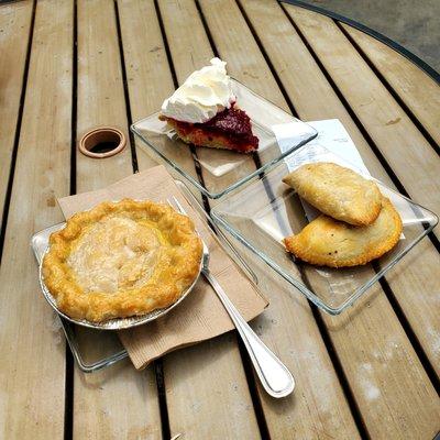 Sweet pie (lemon raspberry), chicken pot pie, and hand pies (sloppy joe and ham/swiss).