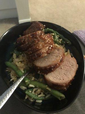 Pork tenderloin with their green beans and a side of rice!