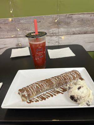 Brownie Crepe and the watermelon tea with green apple boba.