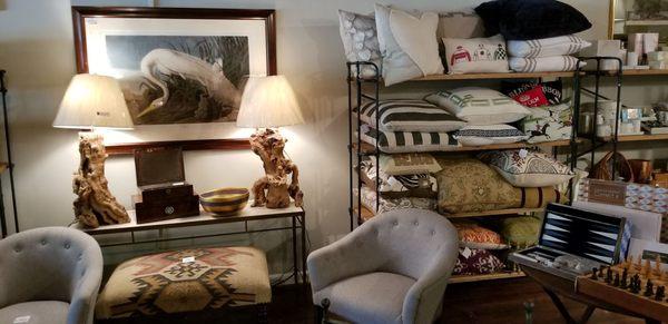 Throw pillows,lighting,furniture and an Audubon