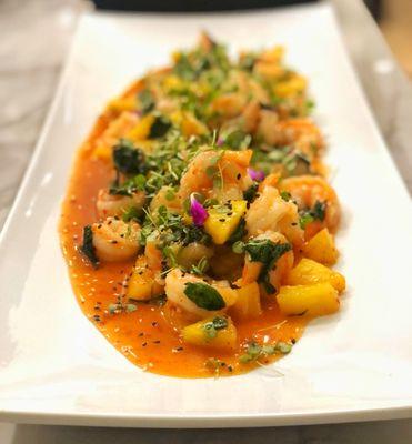 Sautéed Sweet Chili Shrimp 
 Spinach, Crispy Pineapple Topped with Black and White Sesame Seeds and Micro Greens
 ~Chef Steven Ferneding