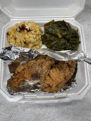 Macaroni and Cheese, Collard Greens & fried Chicken Breast Lunch Special