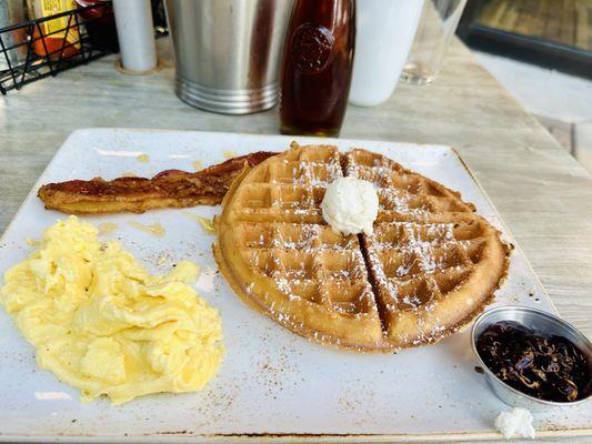 Trifecta - waffle, scrambled eggs, bacon