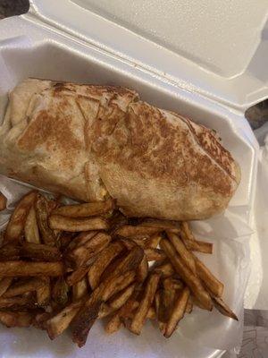 Chicken burrito and Fries