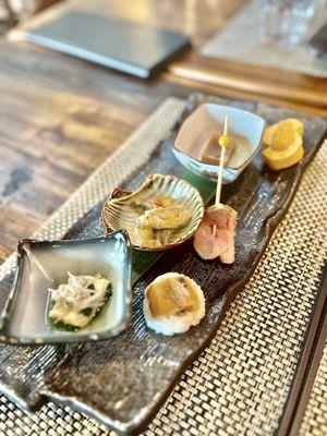 Yuba, Baby ayu (Japanese river fish), Snapper jelly, tamago uni, Duck , Eel