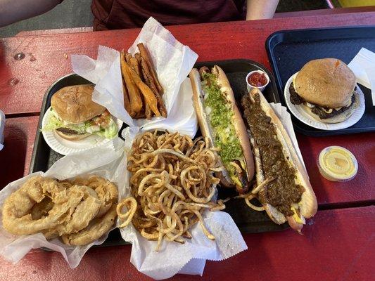 Onion Rings, 1/4 lb. Hamburger, 1/2 lb. Cheeseburger, Curly Q Fries, Sweet Potato Fries, Footlong Hot Dog - one Texas style