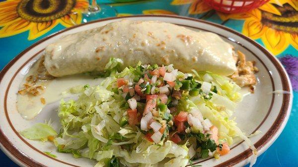 Wet Burrito with rice, shrimp and chicken smothered in white cheese served with guacamole salad. Excellent!