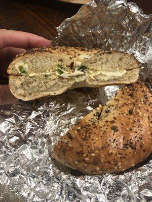 Everything bagel with vegetable cream cheese. NYC is supposed to LOAD their bagels!! This is a disgrace!