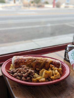 Brisket breakfast burrito, red chile plate with papas and whole beans