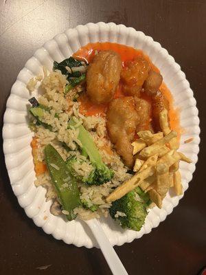 Yummy Sweet & Sour Chicken, veggie fried rice, crispy noodles.