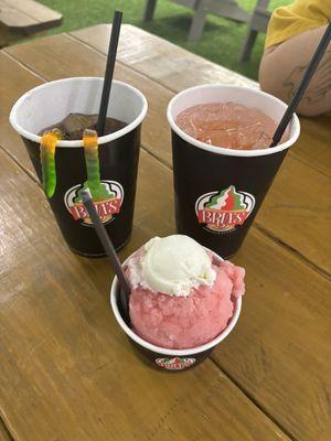 Cherry Pineapple Italian Ice topped with ice cream, Creepy Crawler Dirty Soda, The Brookie Dirty Soda