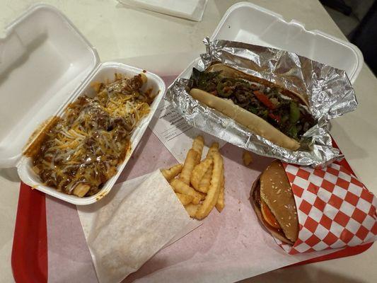 Chili cheese fries, regular fries, Cheeseburger, Philly Cheese Steak