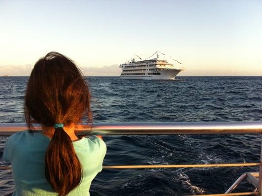 my daughter looking over at the Star of Honolulu