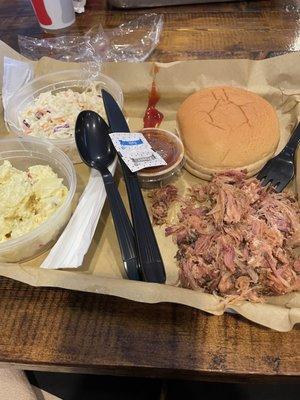 BBQ pork, pot salad and Cole slaw.