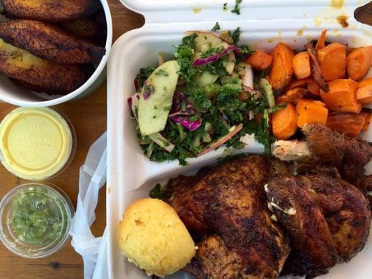 Half chicken with sweet potatoes, kale-Apple salad, corn bread and sweet plantains