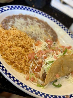 Crunchy beef taco with rice and beans loved it