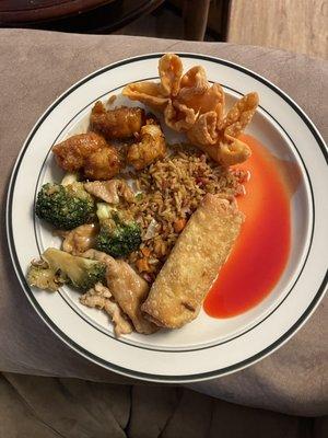 Orange Chicken, Crab Rangoon, egg roll, chicken and broccoli, beef fried rice