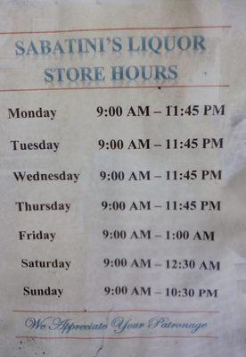 Sabatini's Liquor Store Hours (hours of operation on yelp are incorrect)