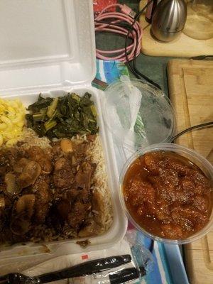 Oxtails with rice, collards and mac and an extra side of sweet potatoes.