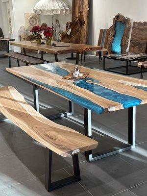 Teak table with blue green resin