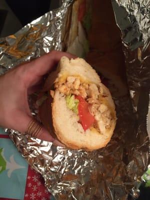 Inside of the grilled chicken hoagie. Good but he steak is better!