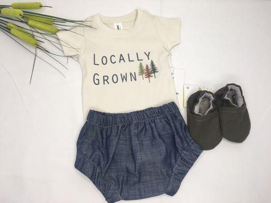 Organic Cotton Baby Bodysuit & Baby Blooms & Handmade Vegan Baby Shoes. All 3 Items Are Made In USA