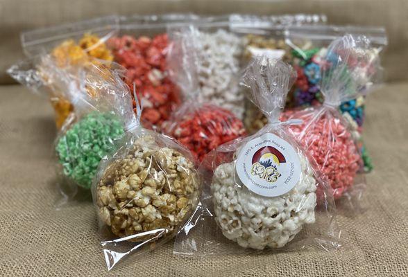 Need a snack? Try our treats! Snack bags filled with gourmet flavors, traditional popcorn balls, or popcorn bars mixed with candies.