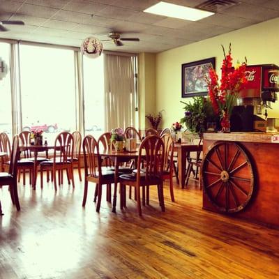 Partial view of the front half of the dining area