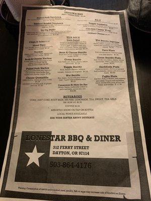 Back of the menu