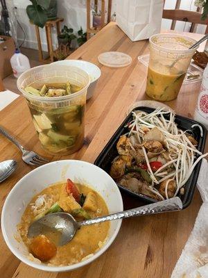 Pumpkin curry, drunken noodles, tom yum