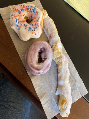 Vanilla Frosted, Red Velvet Donuts, Raspberry French Pastry Stick